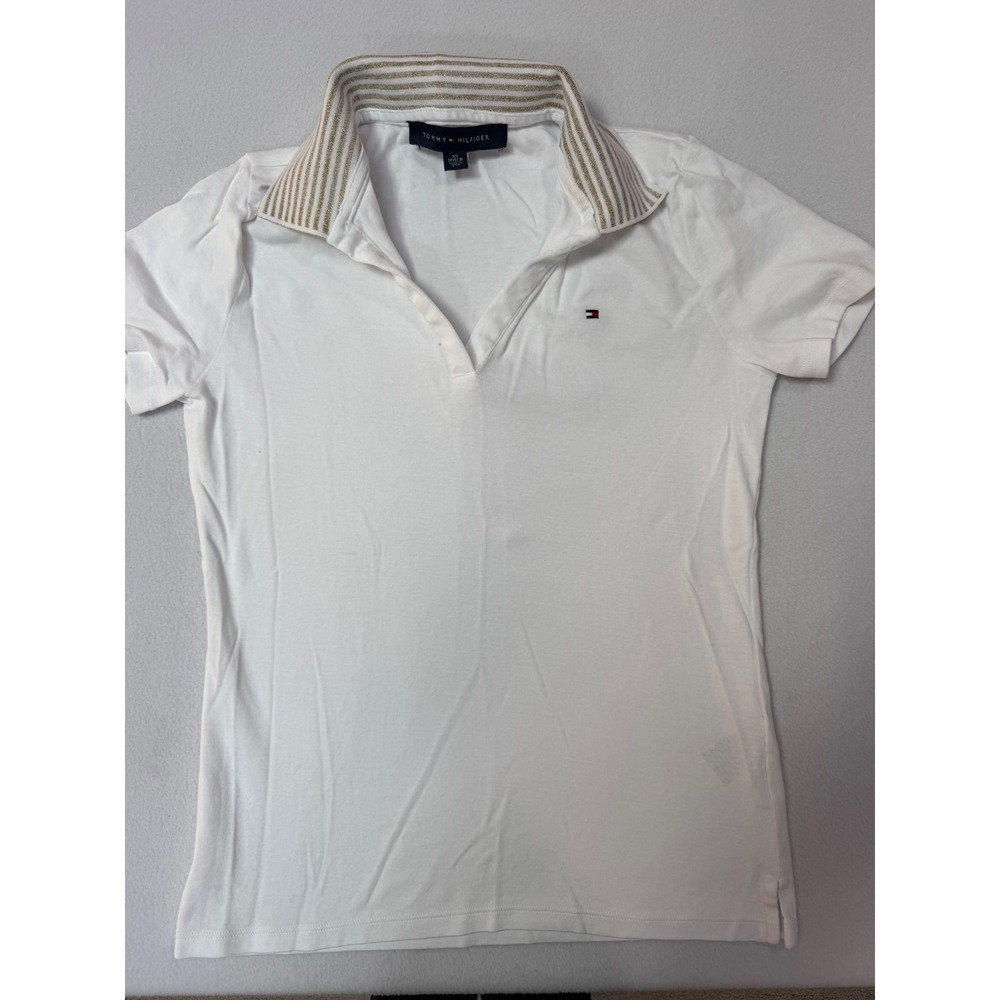 Tommy Hilfiger Womens White Gold Striped Collar V-Neck Cotton Polo Shirt XS